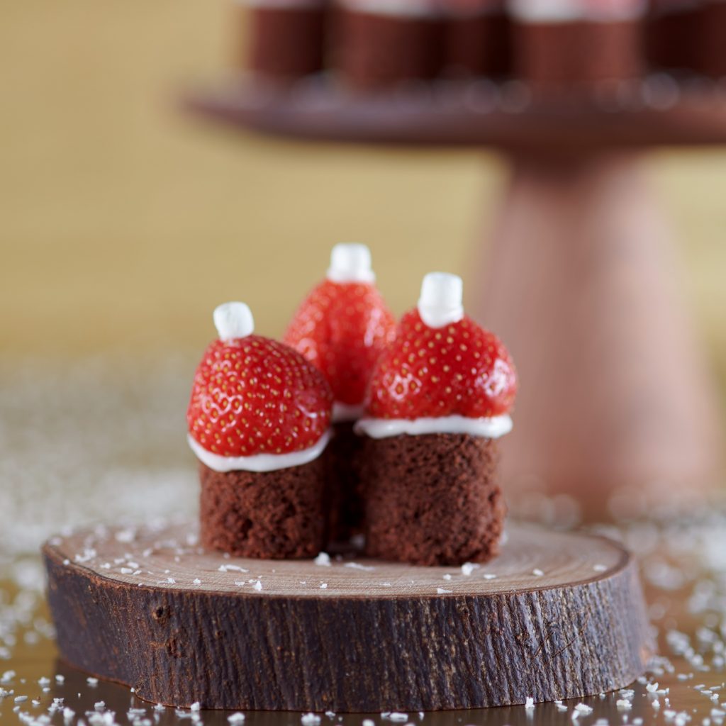 Christmas Santa Hat Brownies made with Novibloc melting chocolate