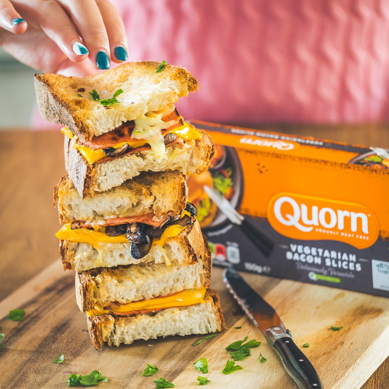 Vegetarian grilled cheese and Quorn bacon sandwich