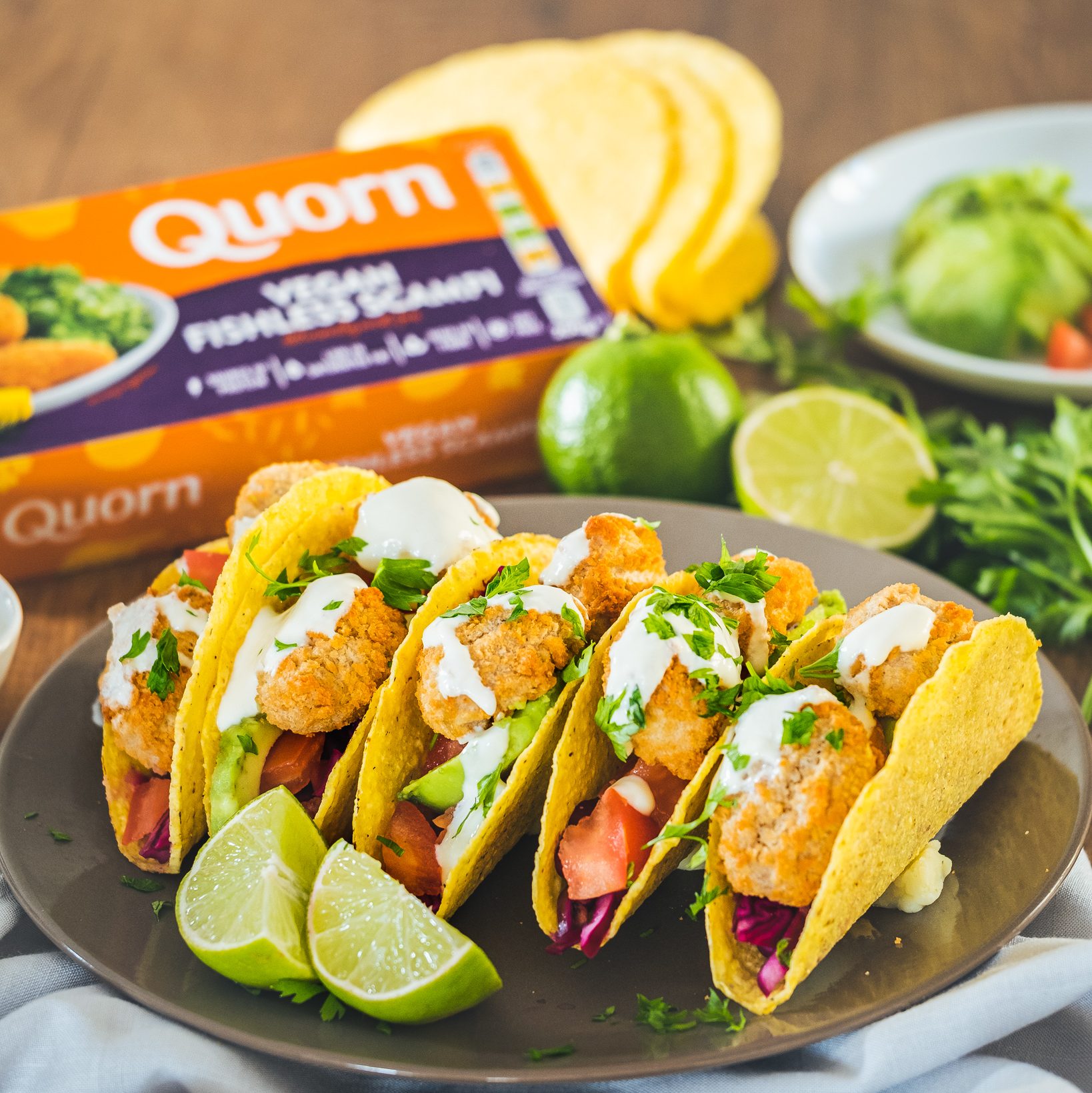 Delicious vegan fish tacos with Quorn fishless scampi